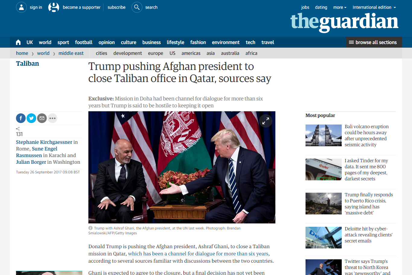 ترامب يسعى لإقناع الرئيس الأفغاني بإغلاق مكتب طالبان في قطر