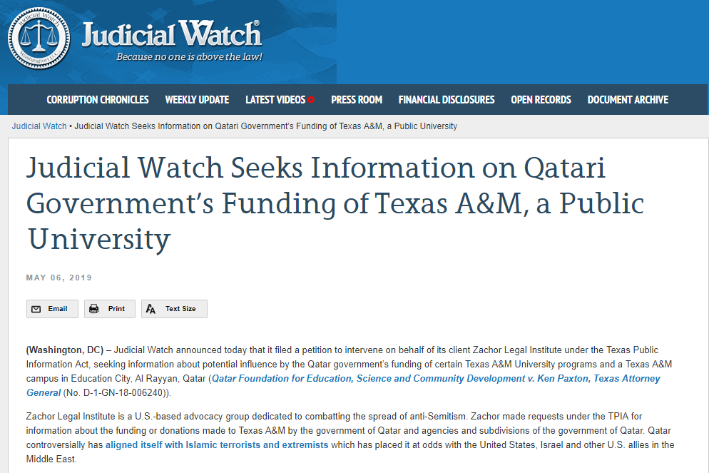 منظمة حقوقية أمريكية تطالب بالكشف عن تمويلات الحكومة القطرية لجامعة تكساس إيه آند إم