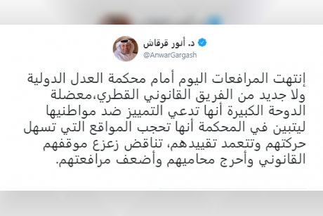 أنور قرقاش: انتهت مرافعات محكمة العدل الدولية ولا جديد من قطر